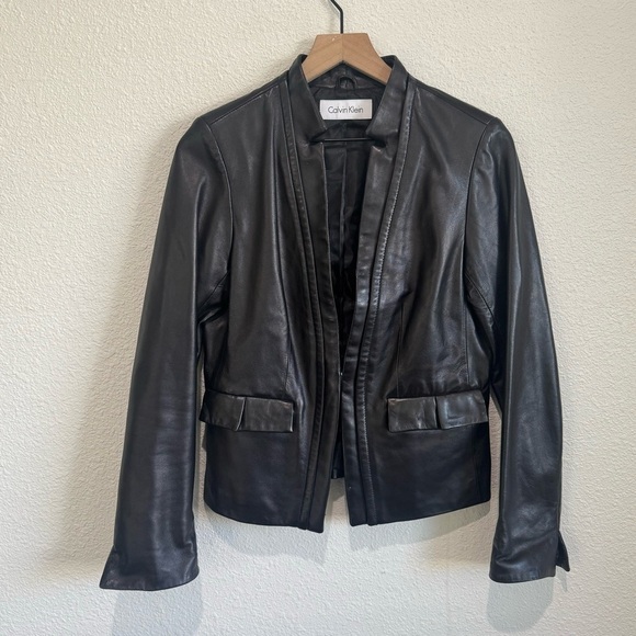Calvin Klein Womens Small 100% Leather Blazer Jacket 90's Academia Grunge Goth - Picture 1 of 9